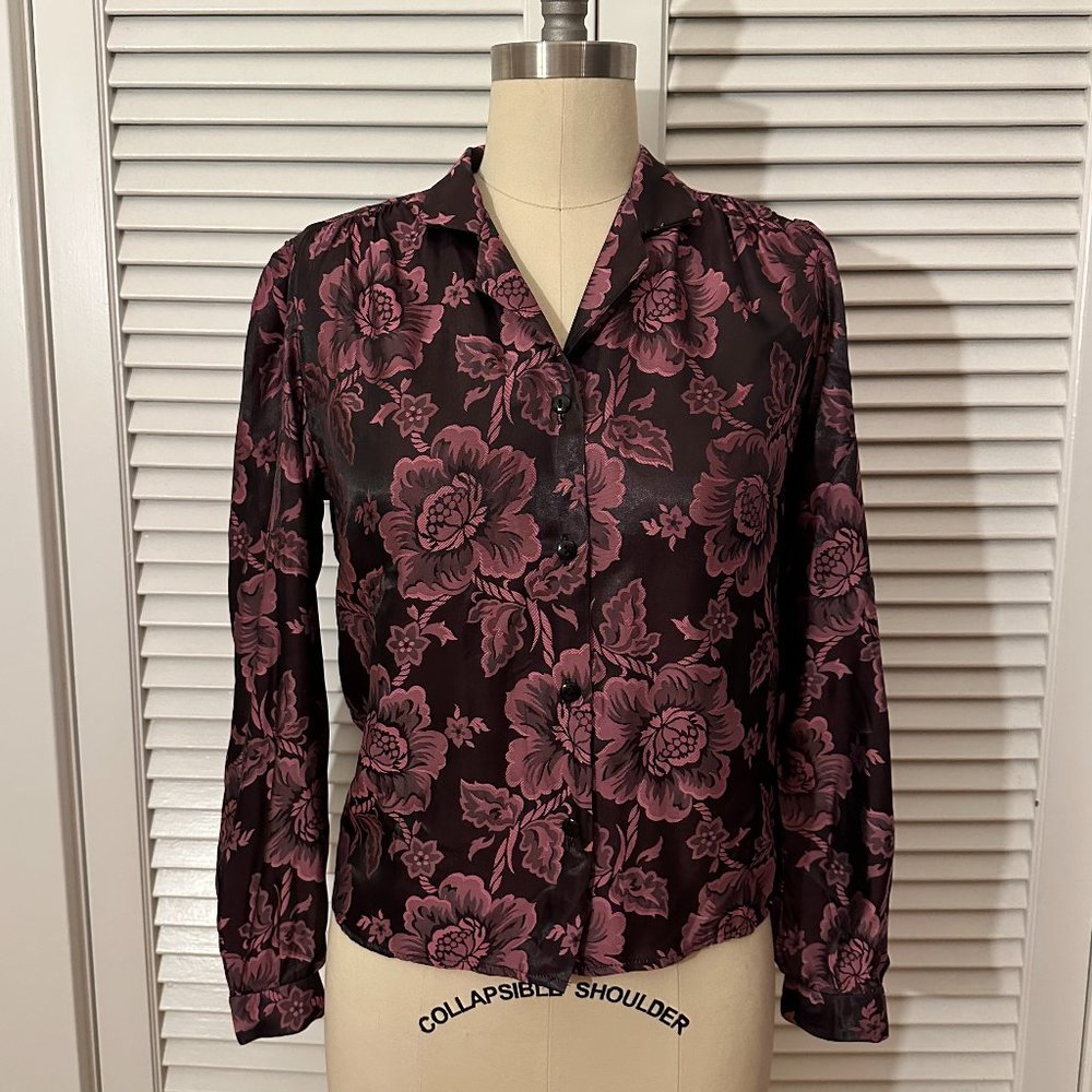 VINTAGE 1990s DAVID BENJAMIN BLACK AND PINK FLORAL BLOUSE. SIZE MEDIUM.